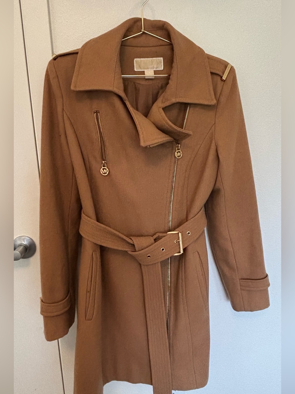 Michael Kors Camel Belted Wool Trench Coat with Gold Hardware